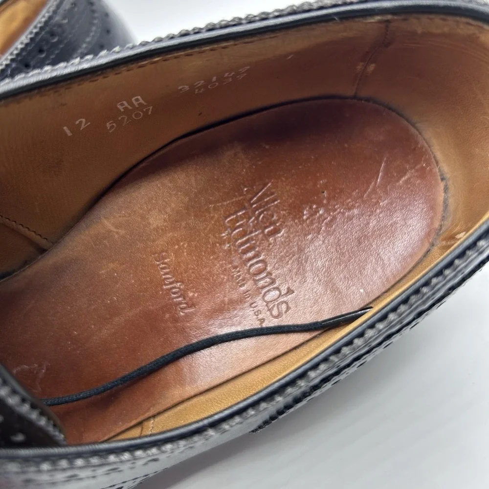 MENS USA ALLEN EDMONDS SANFORD BLACK LEATHER CAP TOE BROGUE‎ OXFORDS SHOES 12 AA